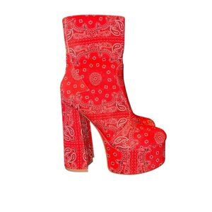 Stunning Pazzle Red Bandanna Paisley Print   Platform  Heel boots Women's  7